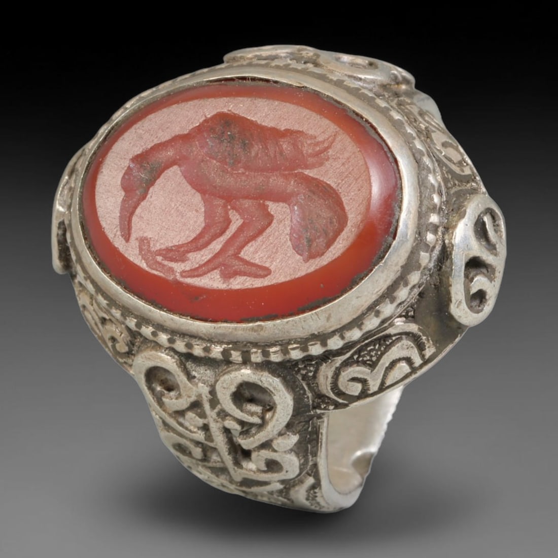 Ancient Medieval Qajar Persian Culture Silver Carnelian Intaglio Signet Ring (1789-1925 CE), 28BF: This authentic antique handcrafted silver signet ring originates from Qajar Dynasty Persian craft traditions, a revered form of elite personal seal jewelry widely traded and worn across historic Persi