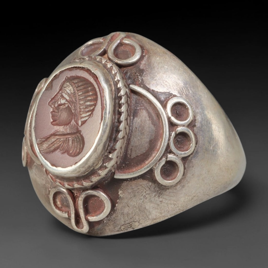 Ancient Medieval Qajar Persian Culture Silver Carnelian Intaglio Signet Ring (1789-1925 CE), 24BF: This authentic antique handcrafted silver signet ring originates from Qajar Dynasty Persian craft traditions, a revered form of elite personal seal jewelry widely traded and worn across historic Persi