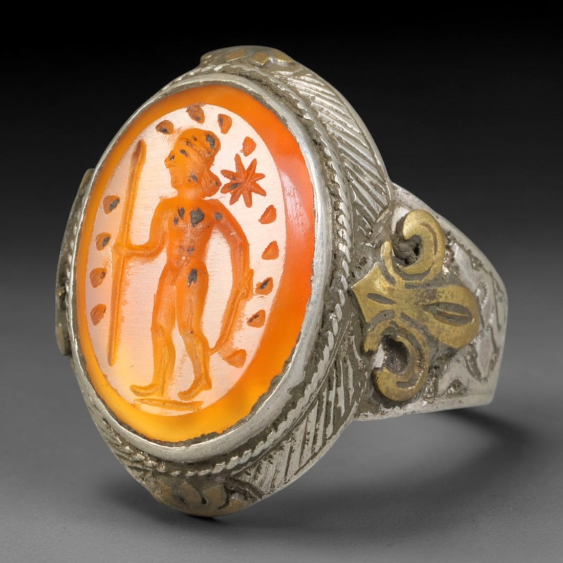 Ancient Medieval Qajar Persian Culture Silver Carnelian Intaglio Signet Ring (1789-1925 CE), 35BF: This authentic antique handcrafted silver signet ring originates from Qajar Dynasty Persian craft traditions, a revered form of elite personal seal jewelry widely traded and worn across historic Persi