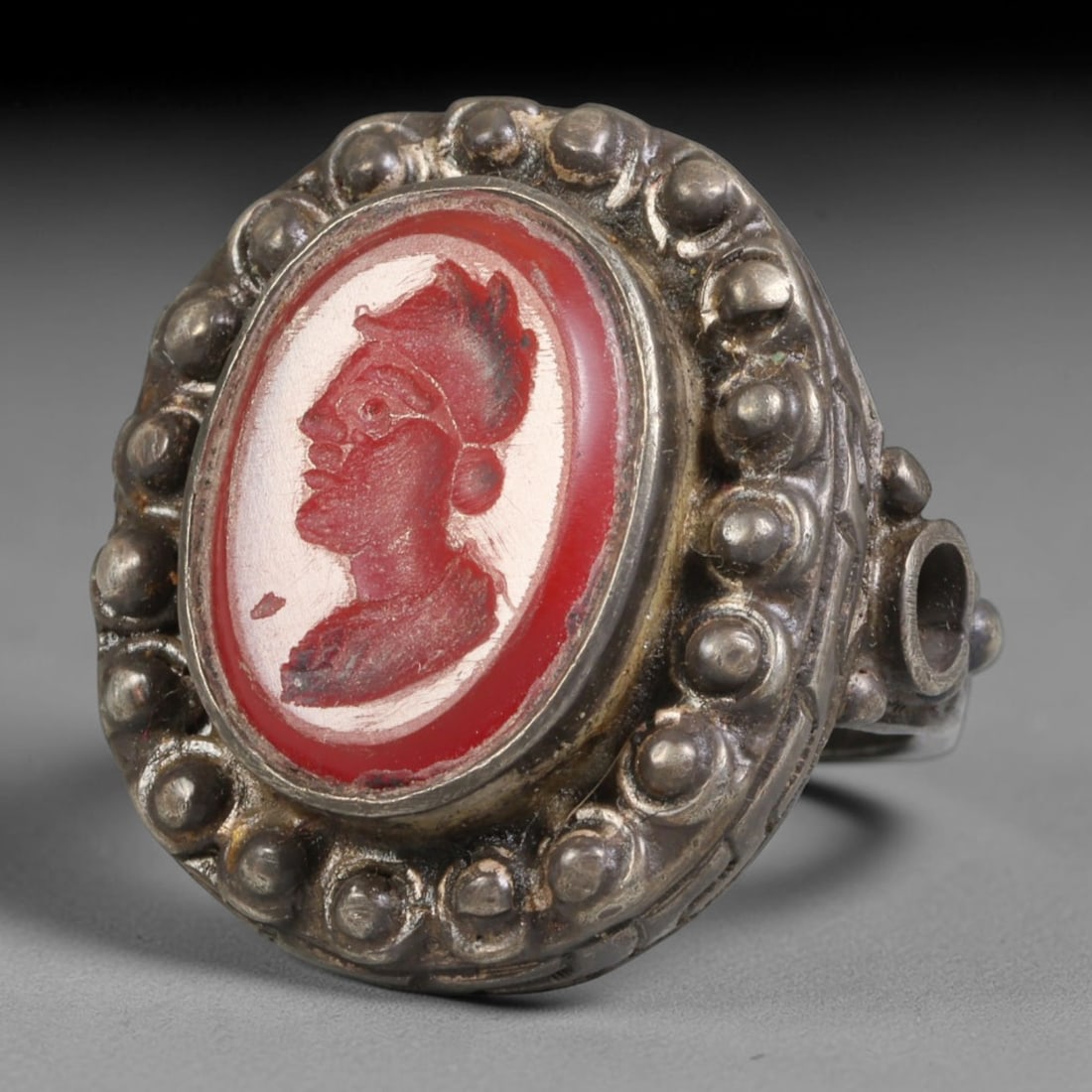 Ancient Medieval Qajar Persian Culture Silver Carnelian Intaglio Signet Ring (1789-1925 CE), 44BF: This authentic antique handcrafted silver signet ring originates from Qajar Dynasty Persian craft traditions, a revered form of elite personal seal jewelry widely traded and worn across historic Persi