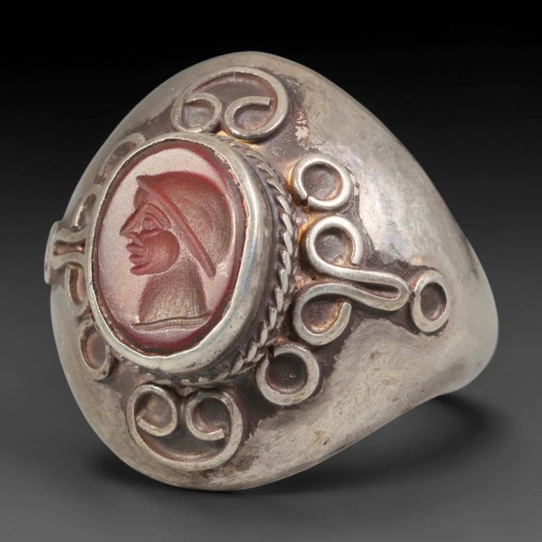 Ancient Medieval Qajar Persian Culture Silver Carnelian Intaglio Signet Ring (1789-1925 CE), 30BF: This authentic antique handcrafted silver signet ring originates from Qajar Dynasty Persian craft traditions, a revered form of elite personal seal jewelry widely traded and worn across historic Persi