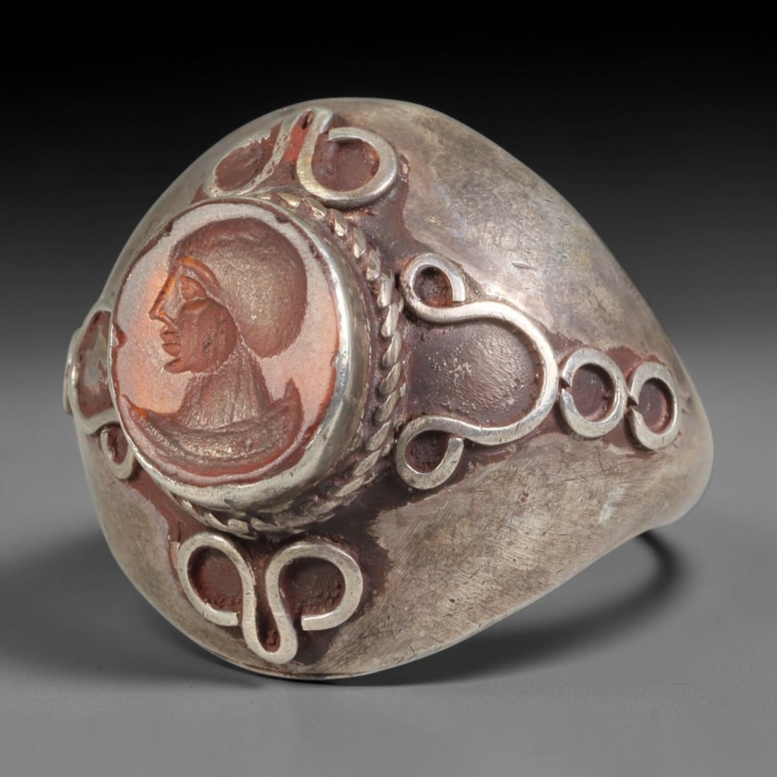 Ancient Medieval Qajar Persian Culture Silver Carnelian Intaglio Signet Ring (1789-1925 CE), 23BF: This authentic antique handcrafted silver signet ring originates from Qajar Dynasty Persian craft traditions, a revered form of elite personal seal jewelry widely traded and worn across historic Persi