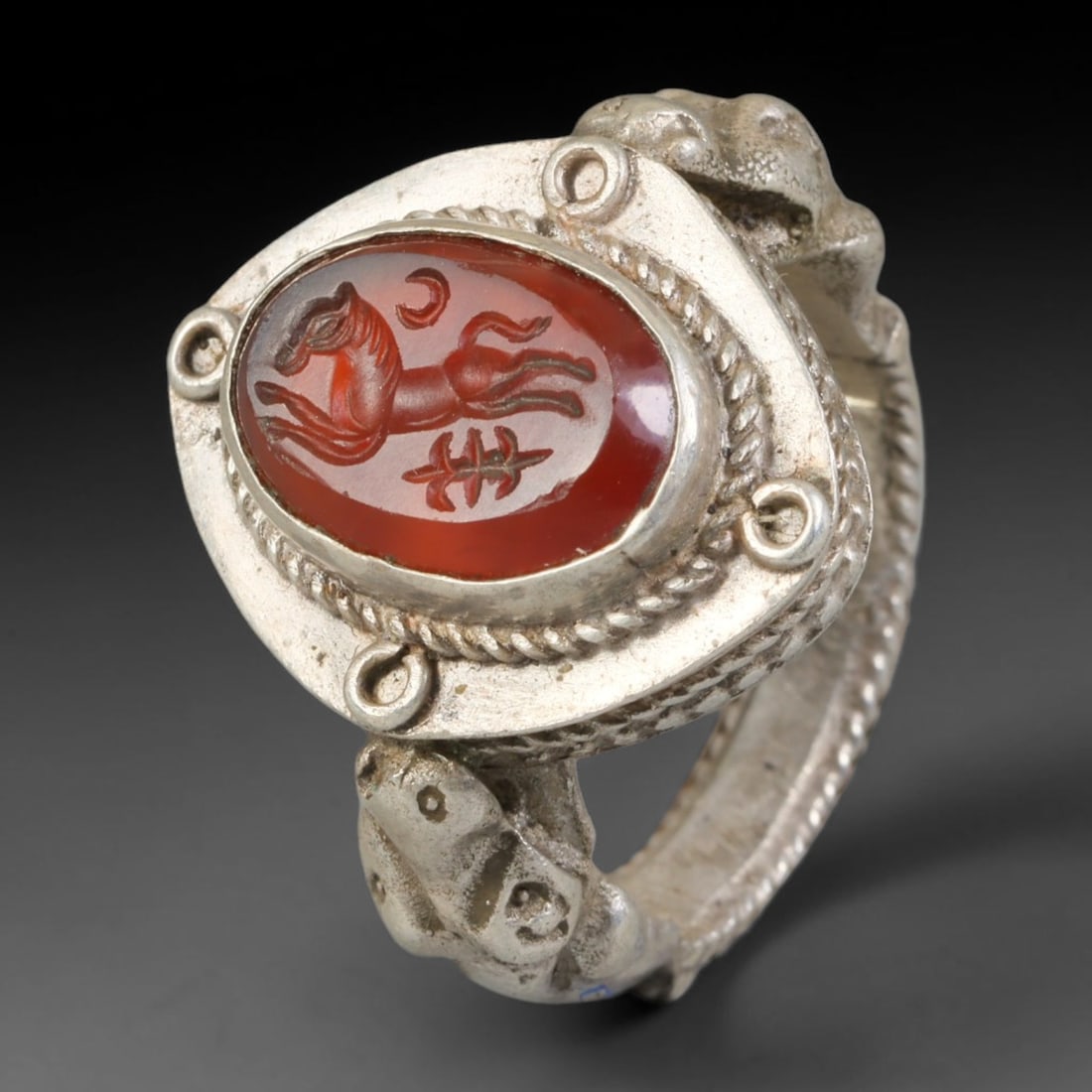 Ancient Medieval Qajar Persian Culture Silver Carnelian Intaglio Signet Ring (1789-1925 CE), 42BF: This authentic antique handcrafted silver signet ring originates from Qajar Dynasty Persian craft traditions, a revered form of elite personal seal jewelry widely traded and worn across historic Persi