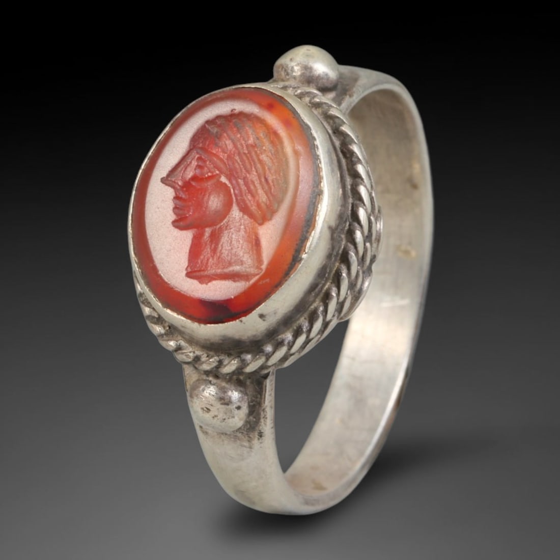Ancient Medieval Qajar Persian Culture Silver Carnelian Intaglio Signet Ring (1789-1925 CE), 19BF: This authentic antique handcrafted silver signet ring originates from Qajar Dynasty Persian craft traditions, a revered form of elite personal seal jewelry widely traded and worn across historic Persi