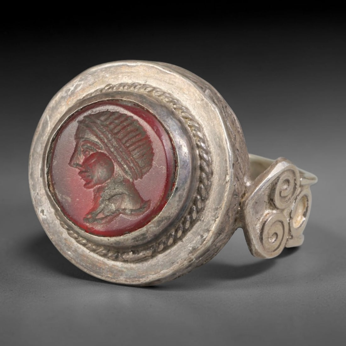 Ancient Medieval Qajar Persian Culture Silver Carnelian Intaglio Signet Ring (1789-1925 CE), 34BF: This authentic antique handcrafted silver signet ring originates from Qajar Dynasty Persian craft traditions, a revered form of elite personal seal jewelry widely traded and worn across historic Persi