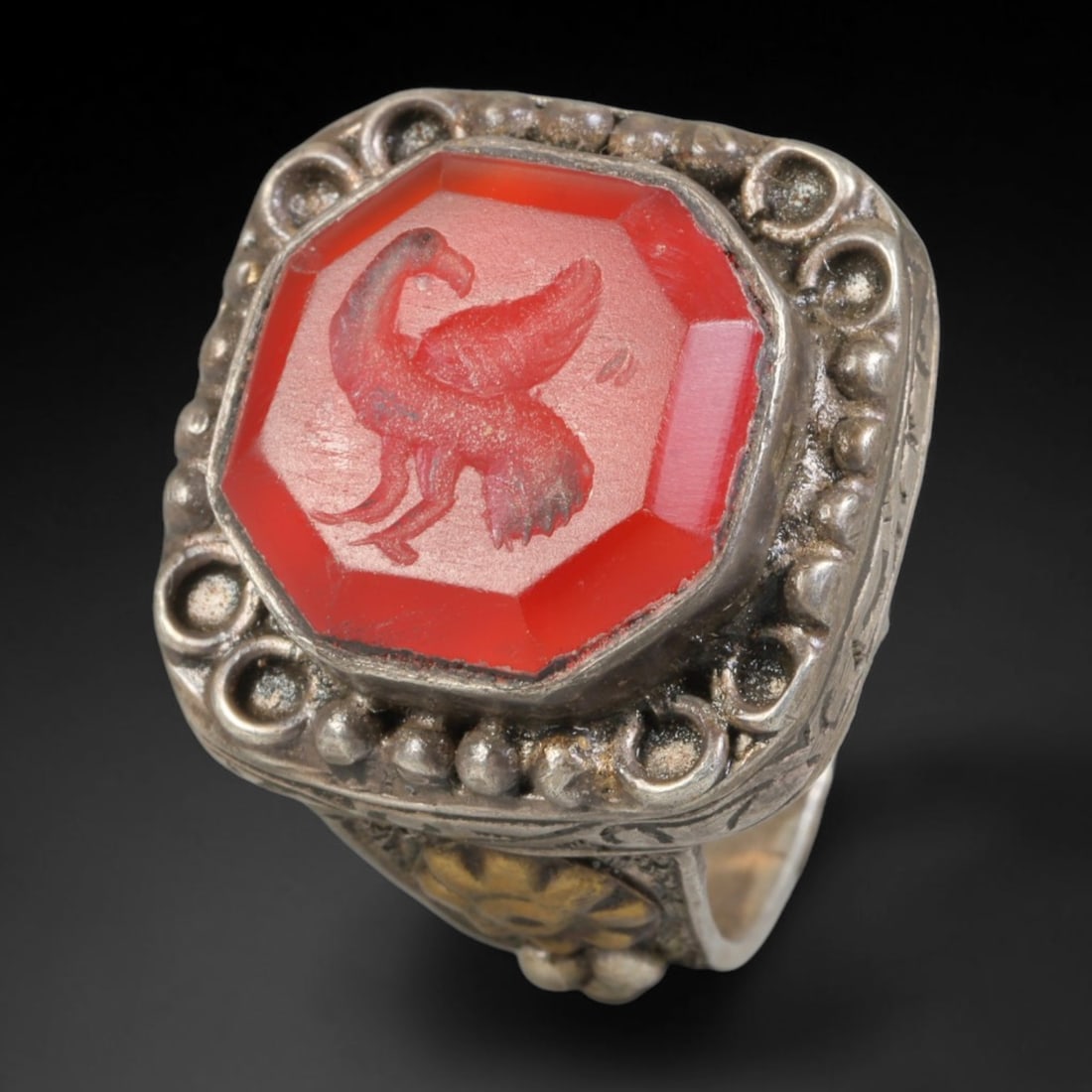 Ancient Medieval Qajar Persian Culture Silver Carnelian Intaglio Signet Ring (1789-1925 CE), 20BF: This authentic antique handcrafted silver signet ring originates from Qajar Dynasty Persian craft traditions, a revered form of elite personal seal jewelry widely traded and worn across historic Persi