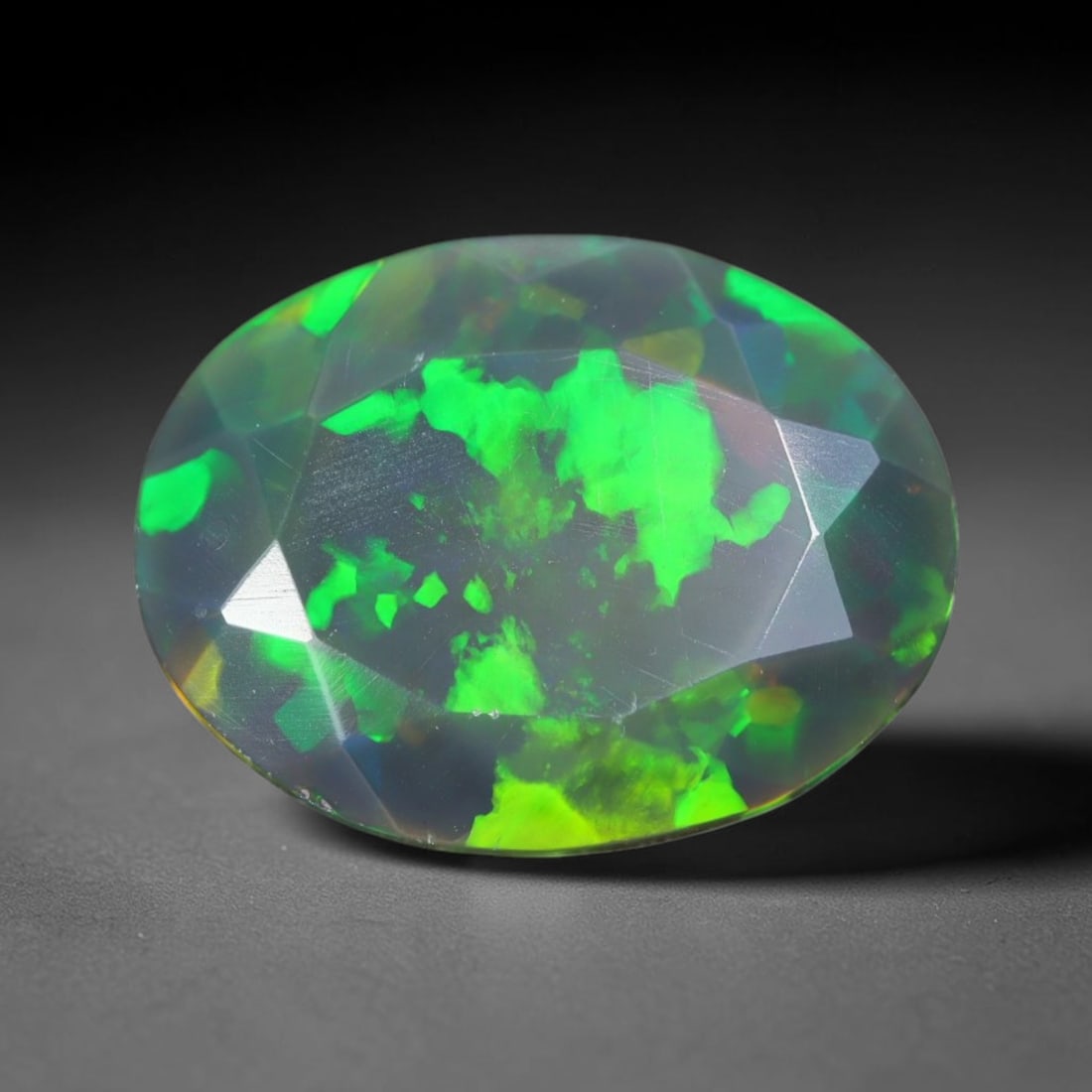 2.02ct Natural Ethiopian Welo Black Smoked Faceted Opal, 13EB: This fully faceted finished opal specimen displays vivid shifting play of color across polished geometric facets within its 11.2x8.7x4.7mm calibrated dimensions, the dark base body amplifies light mov