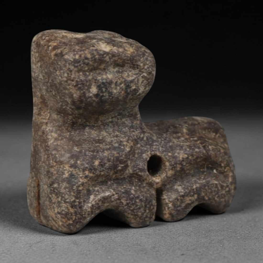 Ancient Bactrian Hand Carved Schist Stone Protective Amulet, 93AP: Miniature antique wearable talisman hand hewn from natural speckled schist metamorphic stone, originating from ancient Bactrian Central Asian cultural sphere. Schist was a prominent carving material i