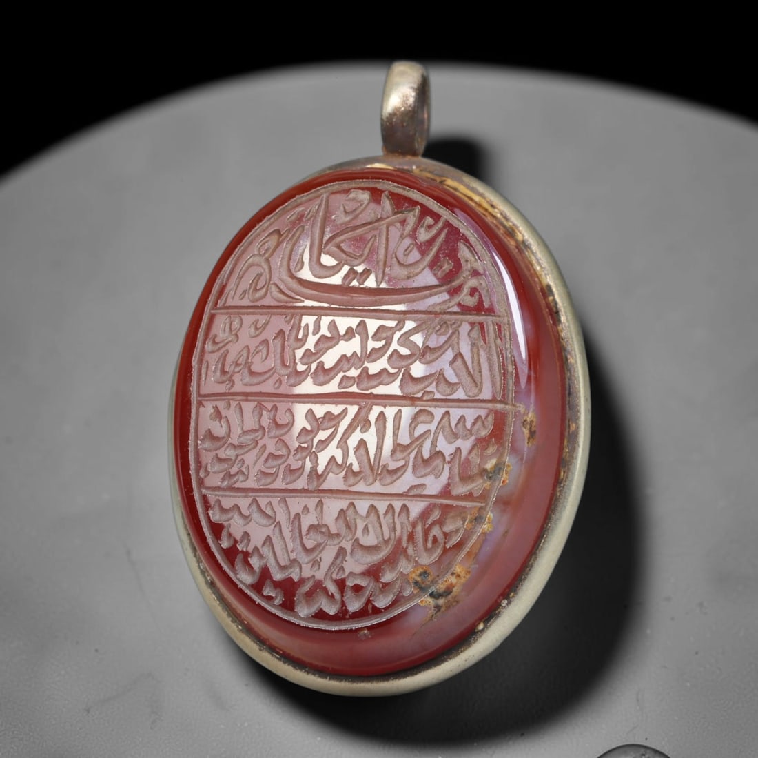 Ancient Medieval Mughal Islamic Carnelian Agate Calligraphic Talisman Pendant (1526-1857 CE), 48BL: This antique carved carnelian agate talisman originates from Mughal Islamic craft traditions, highly sought sacred chalcedony amulets crafted for spiritual protection and noble personal adornment acro