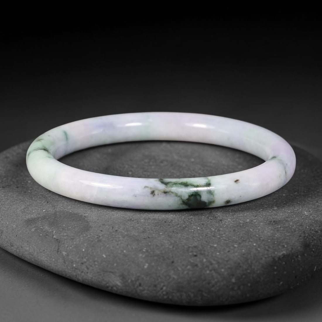 Natural Burmese Type A Jadeite Jade Bangle Bracelet, 100BK: Polished untreated Burmese Type A jadeite jade bangle bracelet with a 60 mm inner diameter and a 8 mm band width. Crafted into a classic rounded interior flat exterior shape with smooth continuous hig