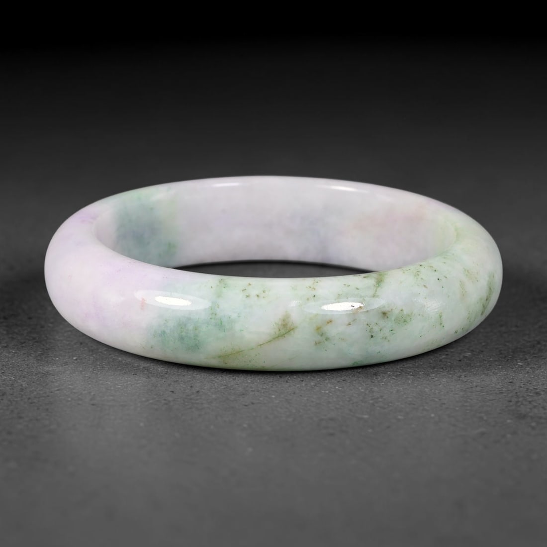 Natural Burmese Type A Jadeite Jade Bangle Bracelet, 83BK: Polished untreated Burmese Type A jadeite jade bangle bracelet with a 56 mm inner diameter and a 14 mm band width. Crafted into a classic rounded interior flat exterior shape with smooth continuous hi