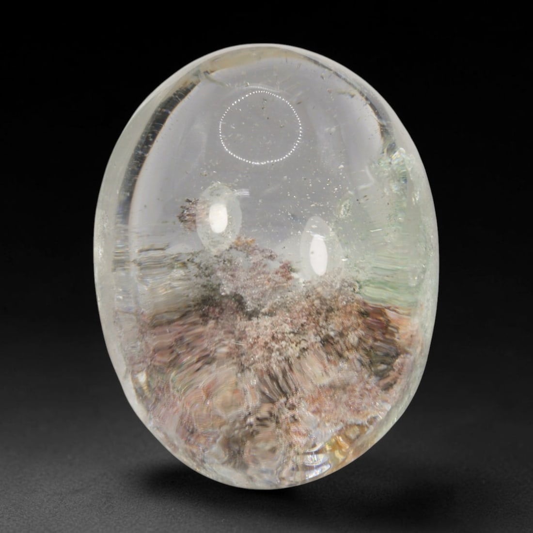51ct Natural Brazilian Phantom Quartz Oval Cabochon Loose Gemstone, 22BM: This smoothly polished cabochon of natural phantom quartz preserves delicate layered phantom crystal formations enclosed inside transparent quartz host. The domed polished surface offers unobstructed 