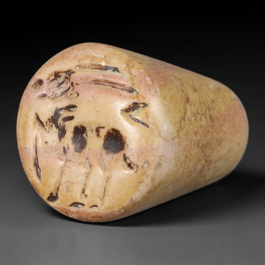 Ancient Western Asiatic Conical Pink-Banded Stone Animal Intaglio Stamp Seal (1000-600 BCE), 71AB: Smooth tapering conical soft stone stamp seal with natural pale pink and cream banded mineral patterning, lateral perforation drilled through the upper body for suspension cord. The circular base bear