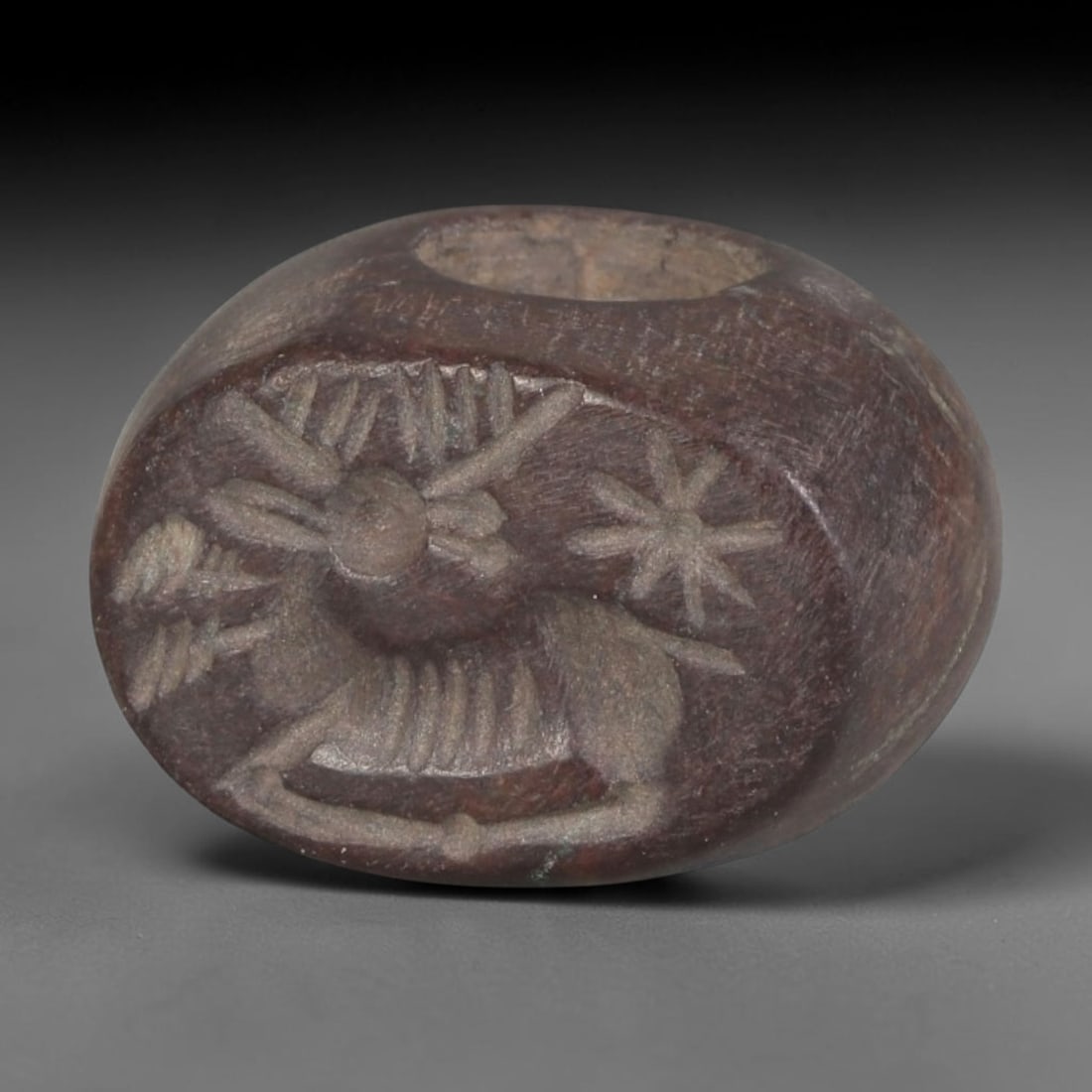 Ancient Sasanian Steatite Hemispherical Stamp Seal, 23AP: Antique hemispherical stamp seal hand-carved from natural steatite stone, measuring 1.8cm x 1.5cm. This classic domed Sasanian stamp seal follows the iconic compact hemispherical silhouette typical of