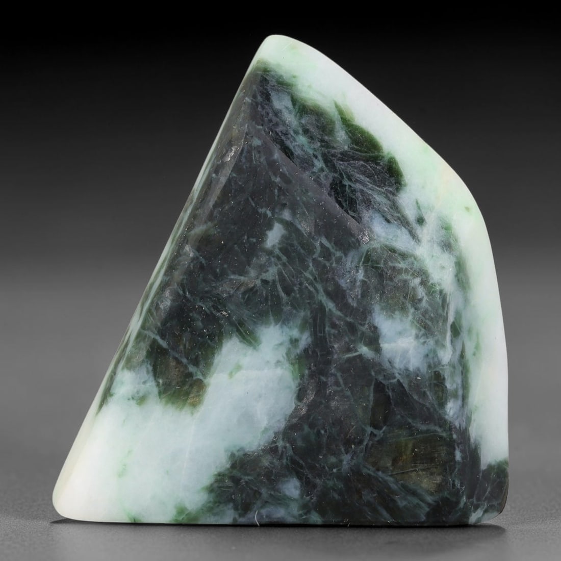 280ct Natural Type A Burmese Jadeite Jade Sliced Rough, 59FB: This specimen is a sliced rough block of natural Type A Burmese jadeite jade. The interior displays natural colour zoning with visible mineral veining and crystalline patterns typical of unprocessed j
