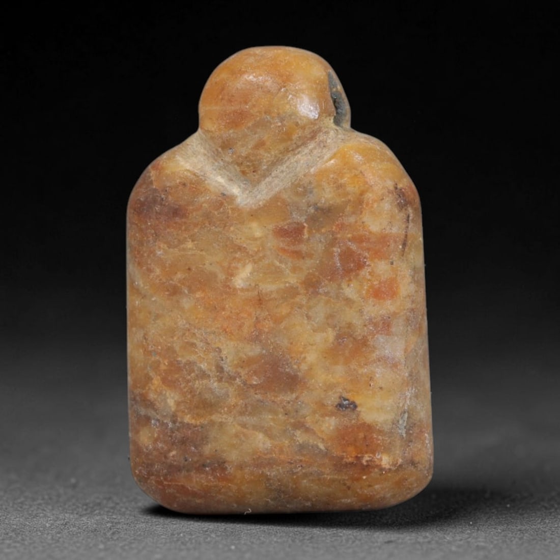 Antique Coptic Egyptian Style Steatite Stone Human Bust Amulet, 78AA: Hand-carved miniature spiritual talisman crafted from natural variegated warm amber steatite stone in antique Coptic Egyptian human bust form, measuring 1.8cm x 1.2cm. The compact figurine features a 
