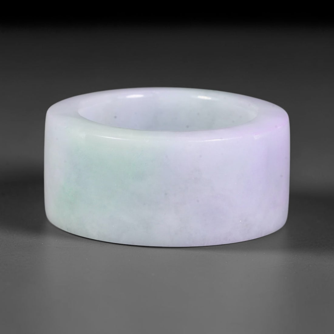 Natural Burmese Type A Jadeite Jade Lavender & Green Wide Band Ring, 79BG: Solid untreated Burmese Type A jadeite jade wide cylindrical band ring, US ring size 11.5 with a broad 21mm band width. The jadeite displays a soft gradient blend of delicate lavender lilac transition