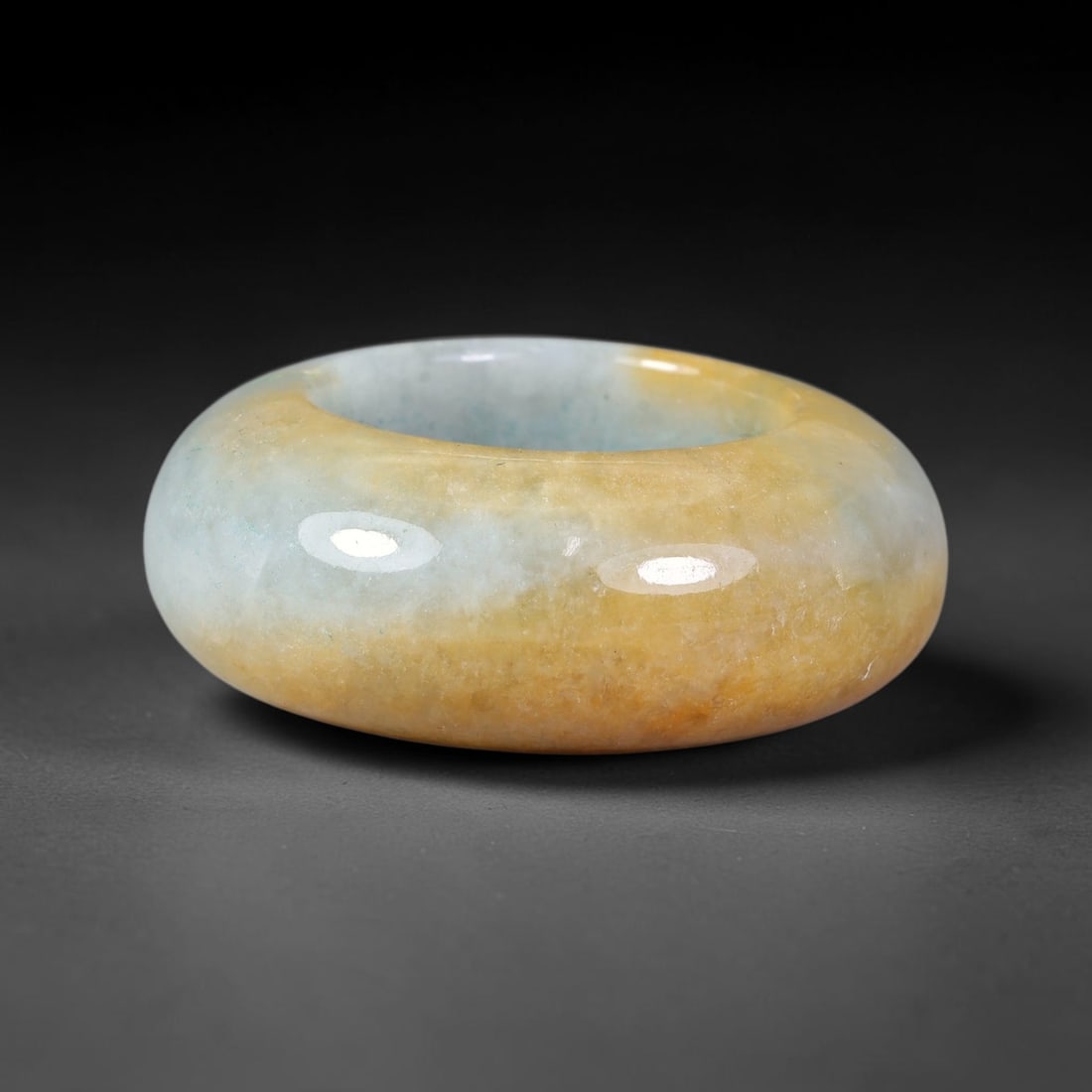 Natural Burmese Type A Jadeite Jade Wide Band Ring, 21BK: Polished untreated Burmese Type A jadeite jade wide band ring, US ring size 12.75 with a substantial band width of 13 mm. The jadeite features a soft pale mint green base naturally streaked with flowi