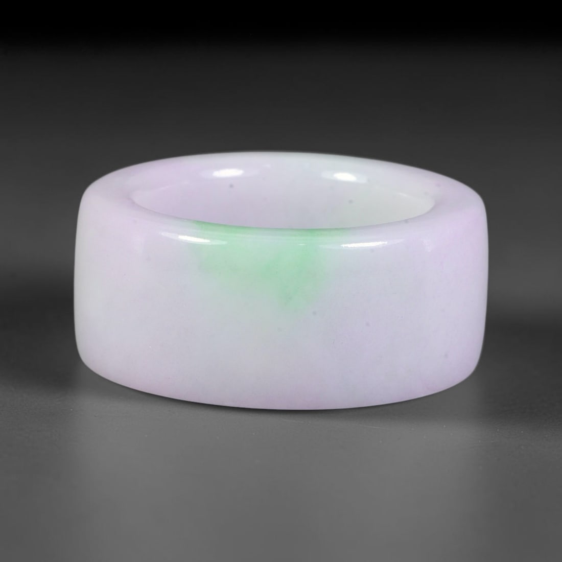 Natural Burmese Type A Jadeite Jade Lavender & Green Wide Band Ring, 80BG: Solid untreated Burmese Type A jadeite jade wide cylindrical band ring, US ring size 11.75 with a broad 20mm band width. The jadeite displays a soft gradient blend of delicate lavender lilac transitio