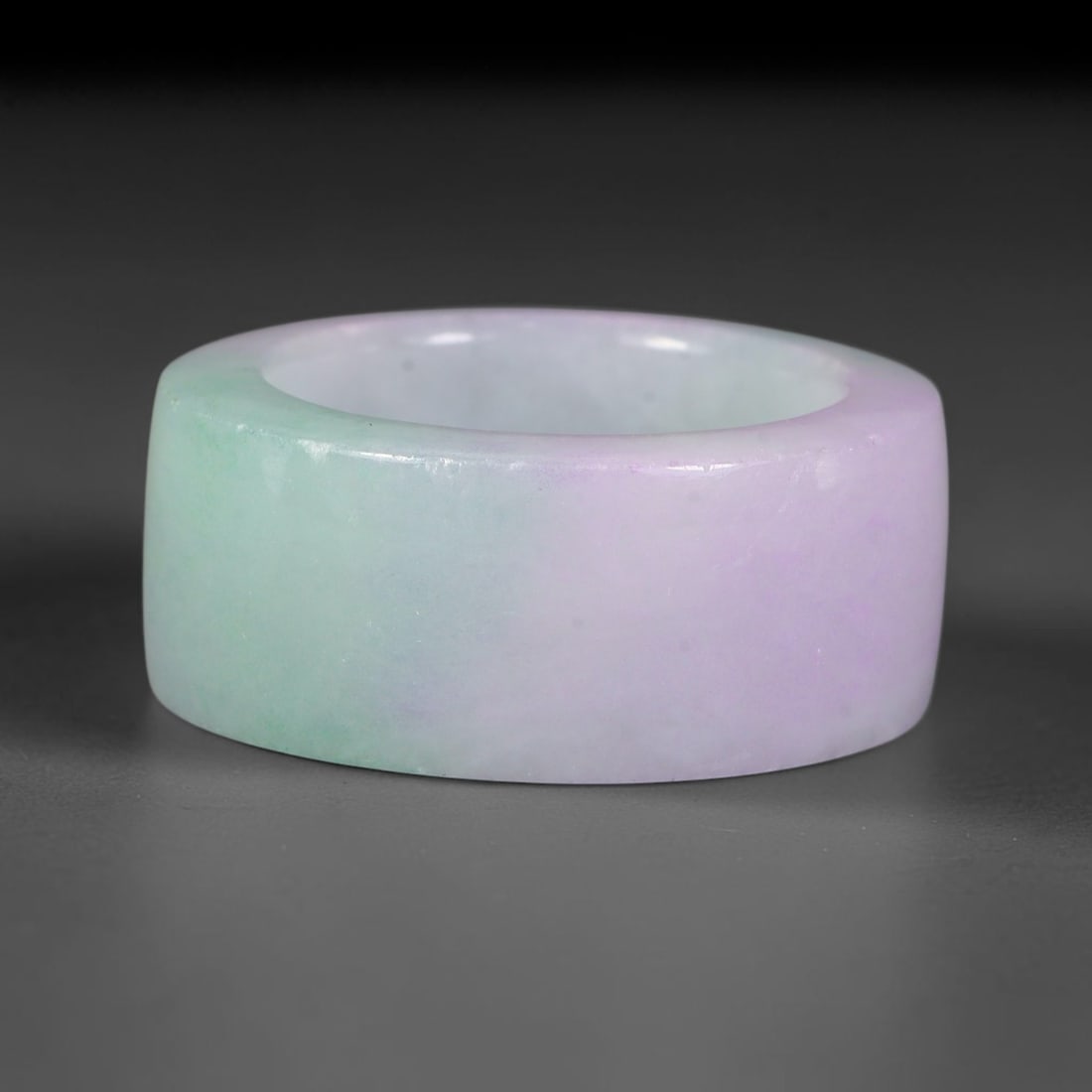 Natural Burmese Type A Jadeite Jade Lavender & Green Wide Band Ring, 87BG: Solid untreated Burmese Type A jadeite jade wide cylindrical band ring, US ring size 11.75 with a broad 20mm band width. The jadeite displays a soft gradient blend of delicate lavender lilac transitio