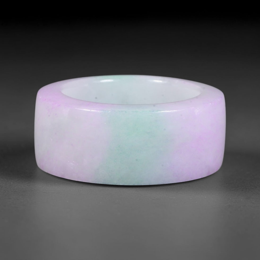 Natural Burmese Type A Jadeite Jade Lavender & Green Wide Band Ring, 81BG: Solid untreated Burmese Type A jadeite jade wide cylindrical band ring, US ring size 11.5 with a broad 19mm band width. The jadeite displays a soft gradient blend of delicate lavender lilac transition