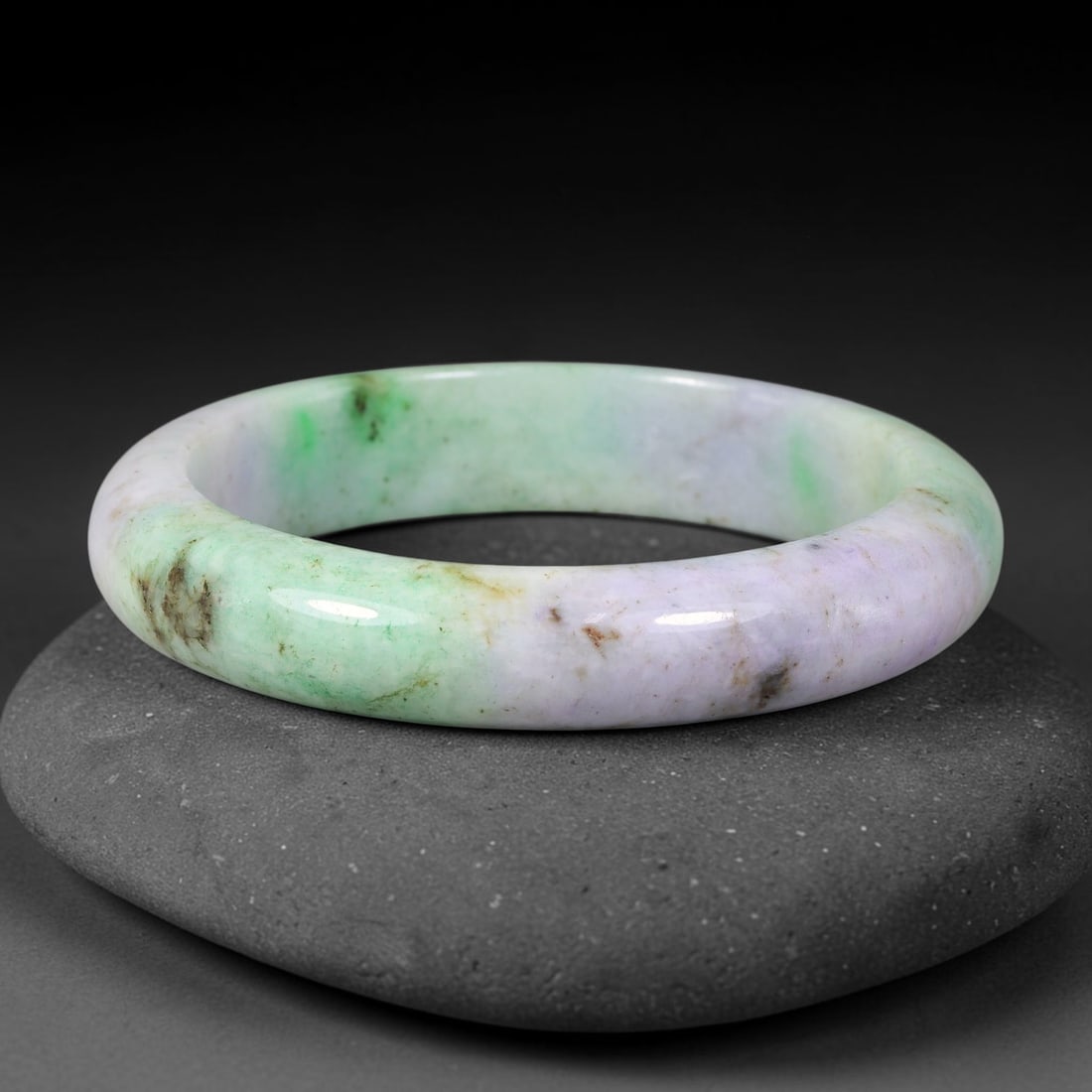 Natural Burmese Type A Jadeite Jade Bangle Bracelet, 77BK: Polished untreated Burmese Type A jadeite jade bangle bracelet with a 62 mm inner diameter and a 14 mm band width. Crafted into a classic rounded interior flat exterior shape with smooth continuous hi