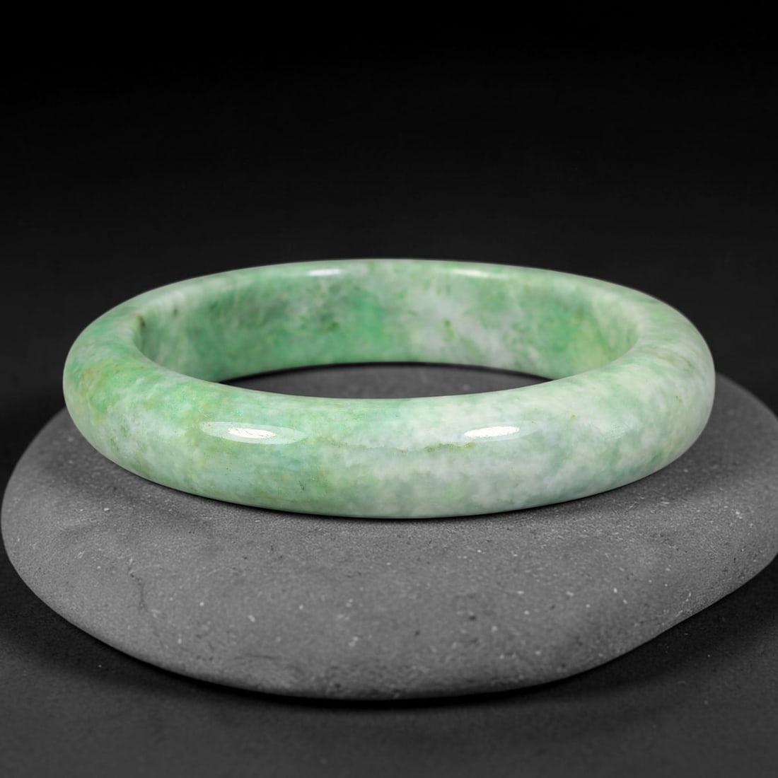 Natural Burmese Type A Jadeite Jade Bangle Bracelet, 67BK: Polished untreated Burmese Type A jadeite jade bangle bracelet with a 65 mm inner diameter and a 15 mm band width. Crafted into a classic rounded interior flat exterior shape with smooth continuous hi
