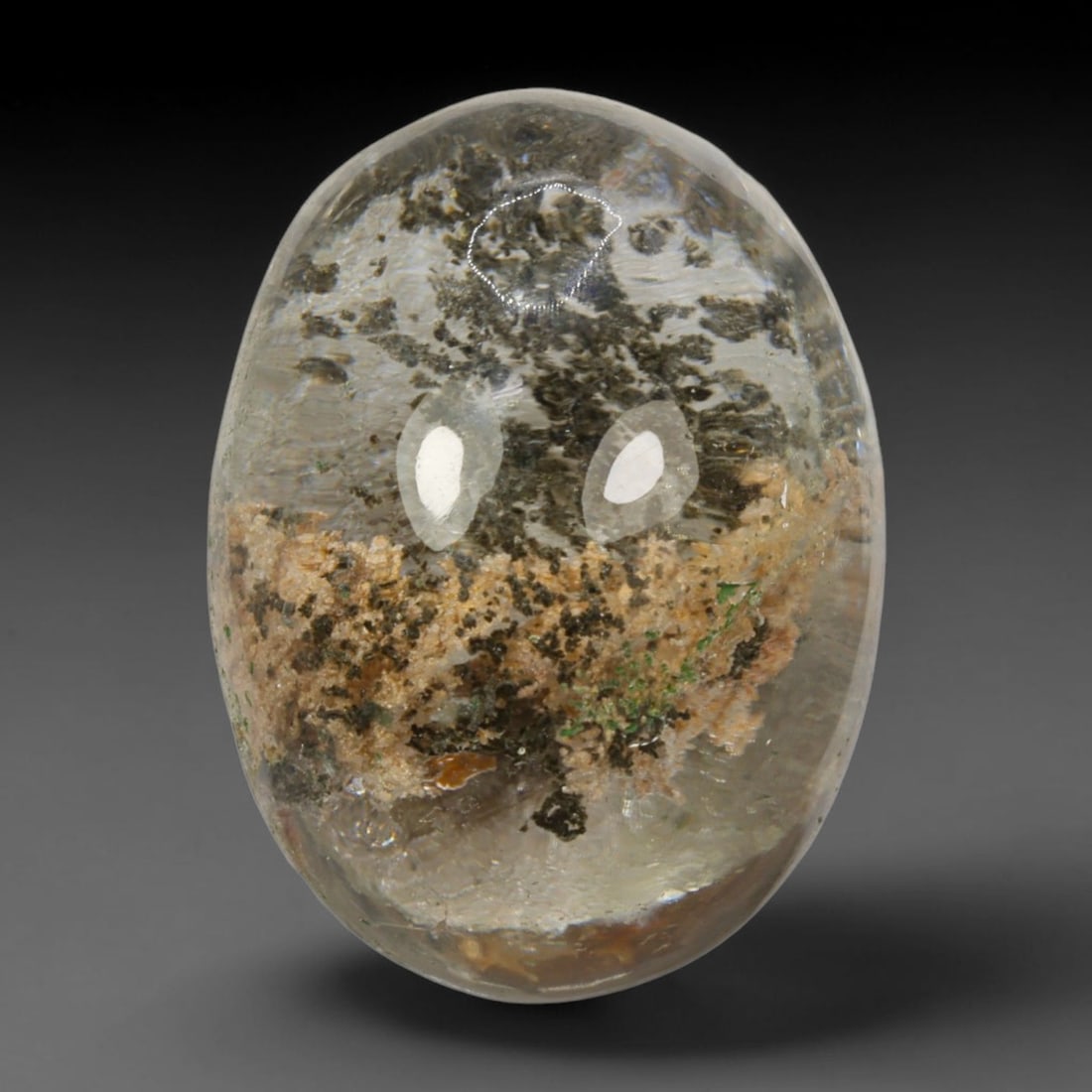 31ct Natural Brazilian Phantom Quartz Oval Cabochon Loose Gemstone, 79BM: This smoothly polished cabochon of natural phantom quartz preserves delicate layered phantom crystal formations enclosed inside transparent quartz host. The domed polished surface offers unobstructed 