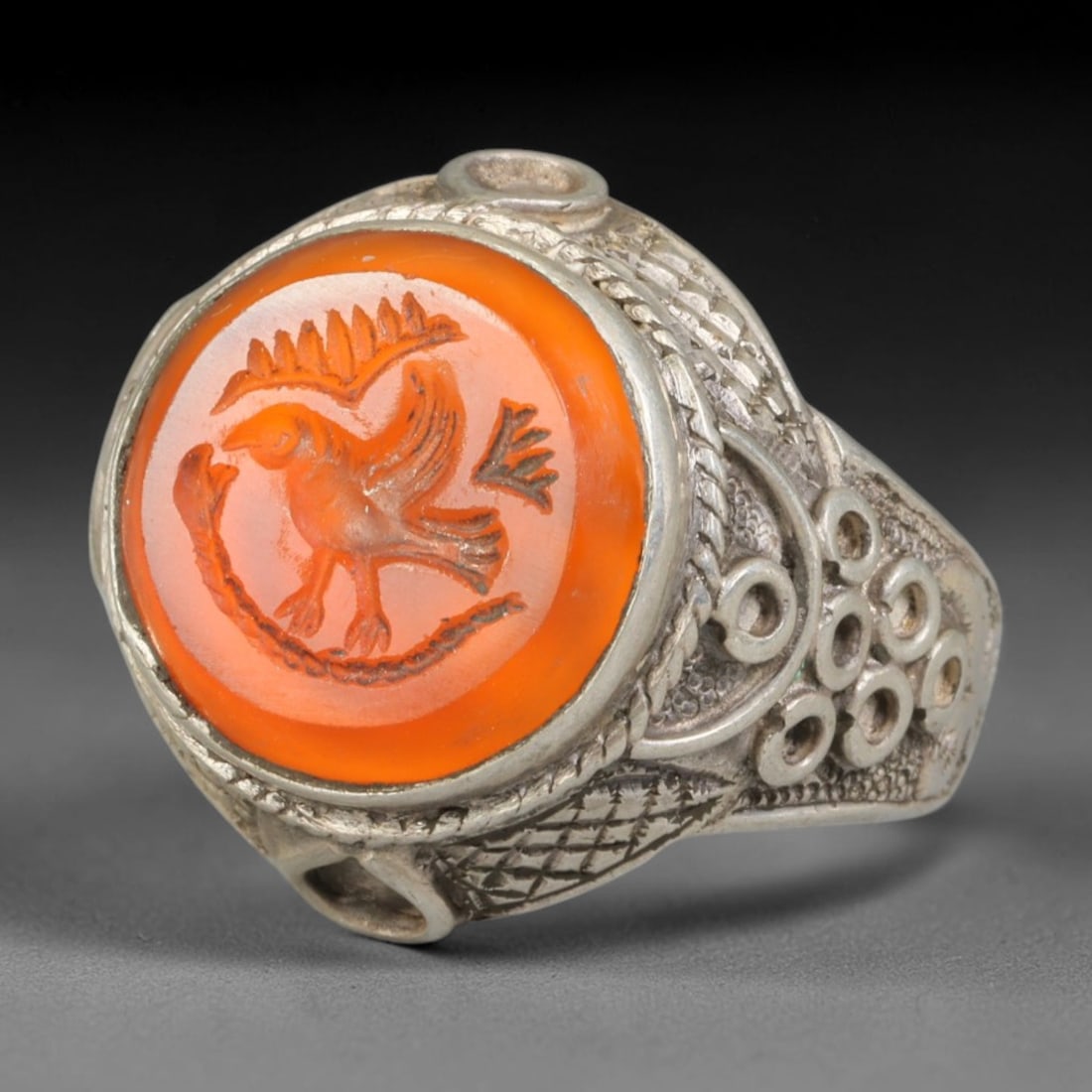 Ancient Medieval Qajar Persian Culture Silver Carnelian Intaglio Signet Ring (1789-1925 CE), 22BF: This authentic antique handcrafted silver signet ring originates from Qajar Dynasty Persian craft traditions, a revered form of elite personal seal jewelry widely traded and worn across historic Persi