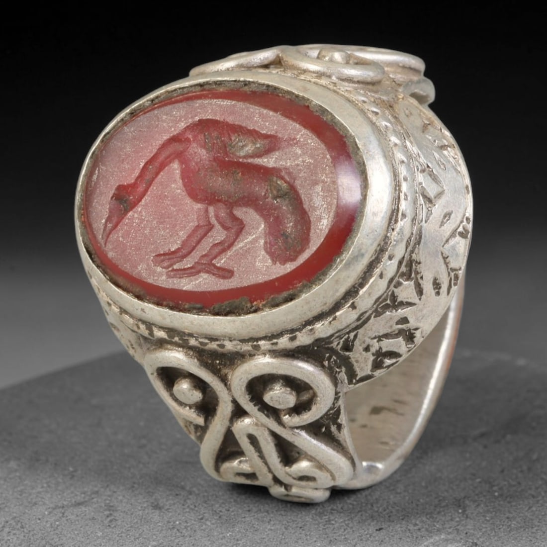 Ancient Medieval Qajar Persian Culture Silver Carnelian Intaglio Signet Ring (1789-1925 CE), 37BF: This authentic antique handcrafted silver signet ring originates from Qajar Dynasty Persian craft traditions, a revered form of elite personal seal jewelry widely traded and worn across historic Persi