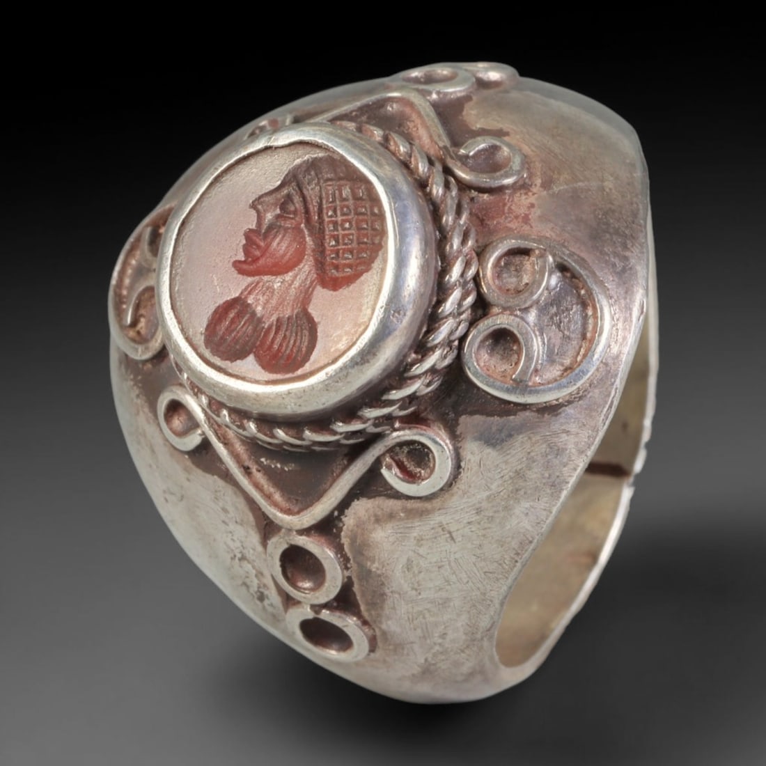 Ancient Medieval Qajar Persian Culture Silver Carnelian Intaglio Signet Ring (1789-1925 CE), 40BF: This authentic antique handcrafted silver signet ring originates from Qajar Dynasty Persian craft traditions, a revered form of elite personal seal jewelry widely traded and worn across historic Persi