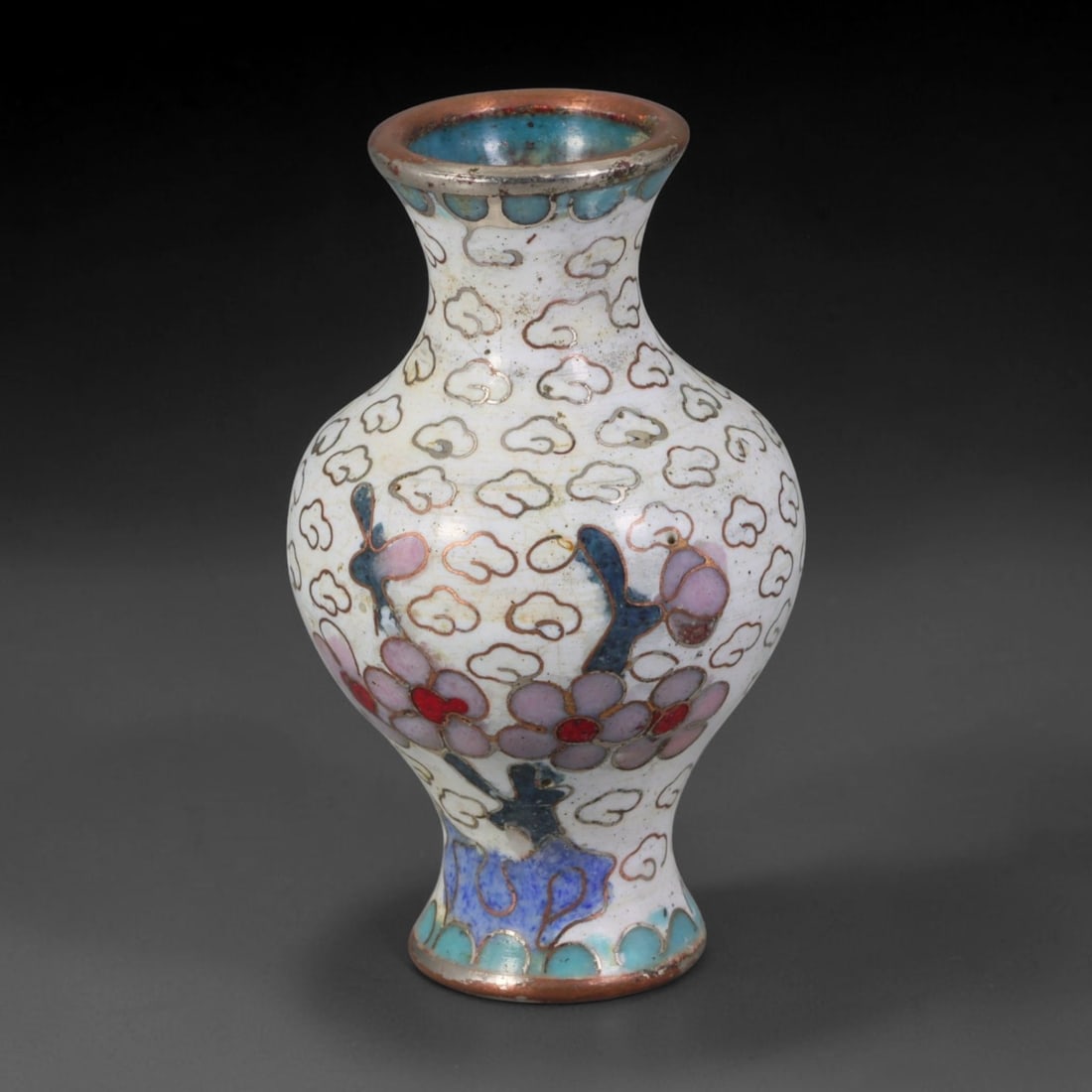 Vintage Chinese Copper Cloisonne Mini Vase - Plum Blossom White Enamel Vessel, 37AR: Constructed on a copper base with fine copper cloisonne wire filigree and hand-fired colored enamel glazes. This miniature baluster vase features an off-white enamel ground densely patterned with deli