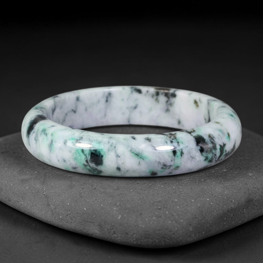 Natural Burmese Type A Jadeite Jade Bangle Bracelet, 80BK: Polished untreated Burmese Type A jadeite jade bangle bracelet with a 62 mm inner diameter and a 14 mm band width. Crafted into a classic rounded interior flat exterior shape with smooth continuous hi