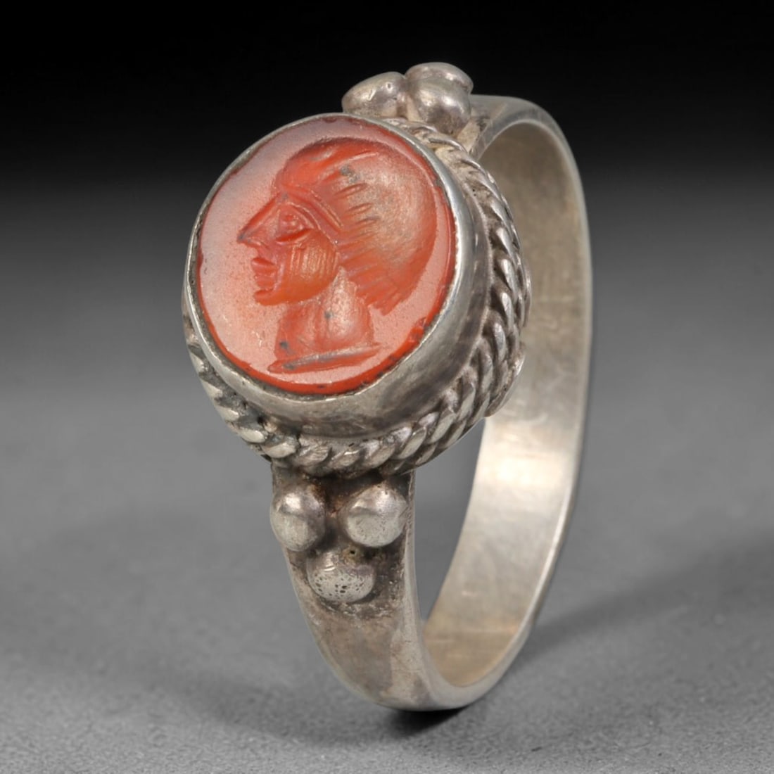 Ancient Medieval Qajar Persian Culture Silver Carnelian Intaglio Signet Ring (1789-1925 CE), 21BF: This authentic antique handcrafted silver signet ring originates from Qajar Dynasty Persian craft traditions, a revered form of elite personal seal jewelry widely traded and worn across historic Persi