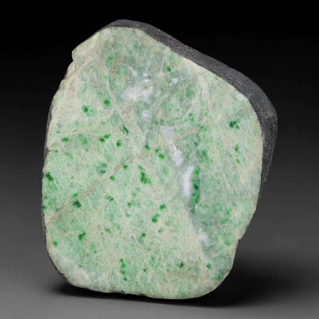 420ct Natural Type A Burmese Jadeite Jade Sliced Rough, 36AZ, 36AZ: This specimen is a sliced rough block of natural Type A Burmese jadeite jade. The interior displays natural colour zoning with visible mineral veining and crystalline patterns typical of unprocessed j