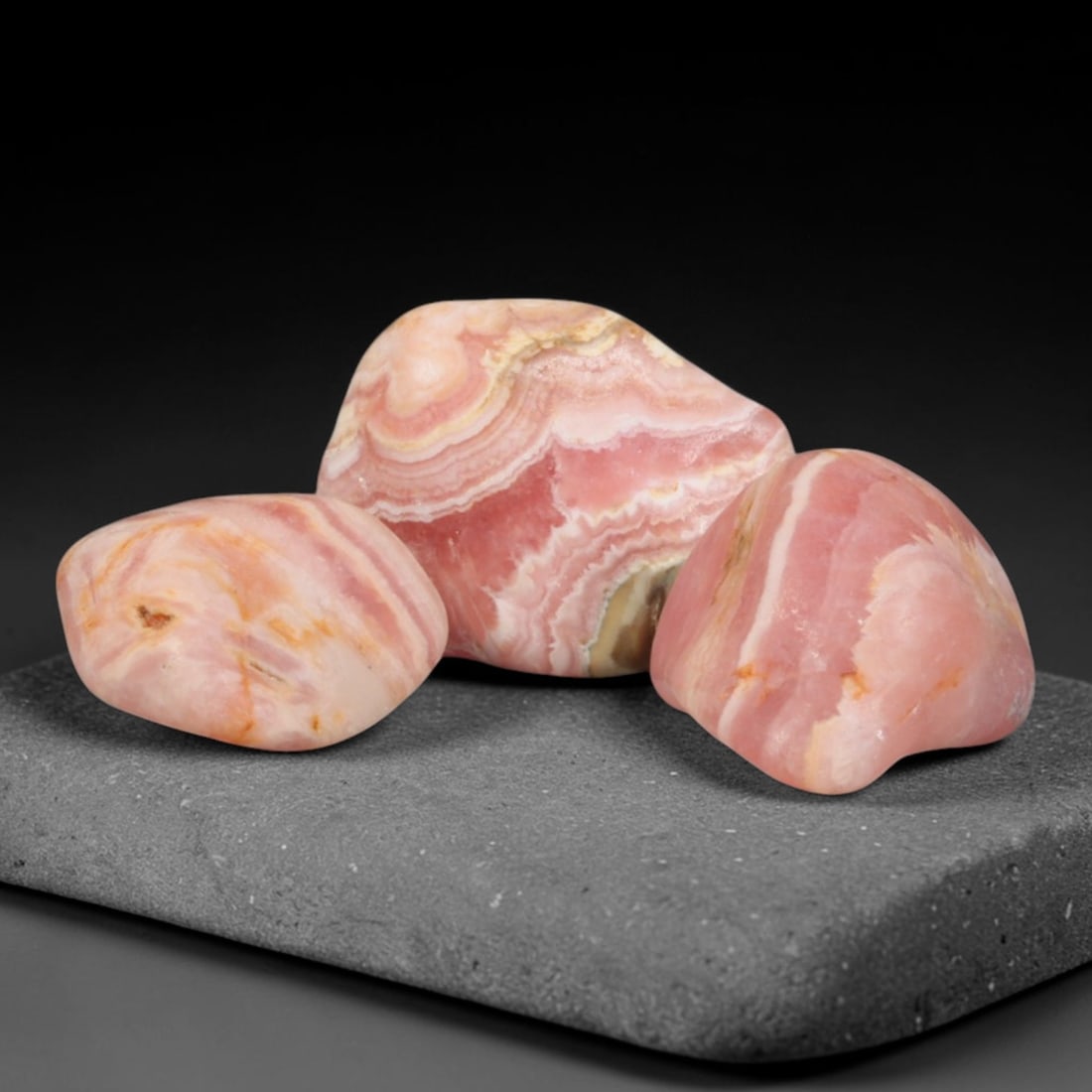 49ct 3pcs Natural Argentine Rhodochrosite Banded Tumbled Rough Set, 4FD, 4FD: This listing features three individual tumbled rhodochrosite rough pieces sourced from Argentina Capillitas deposits, each showcasing distinct layered banding of soft rose pink, cream white and pale t