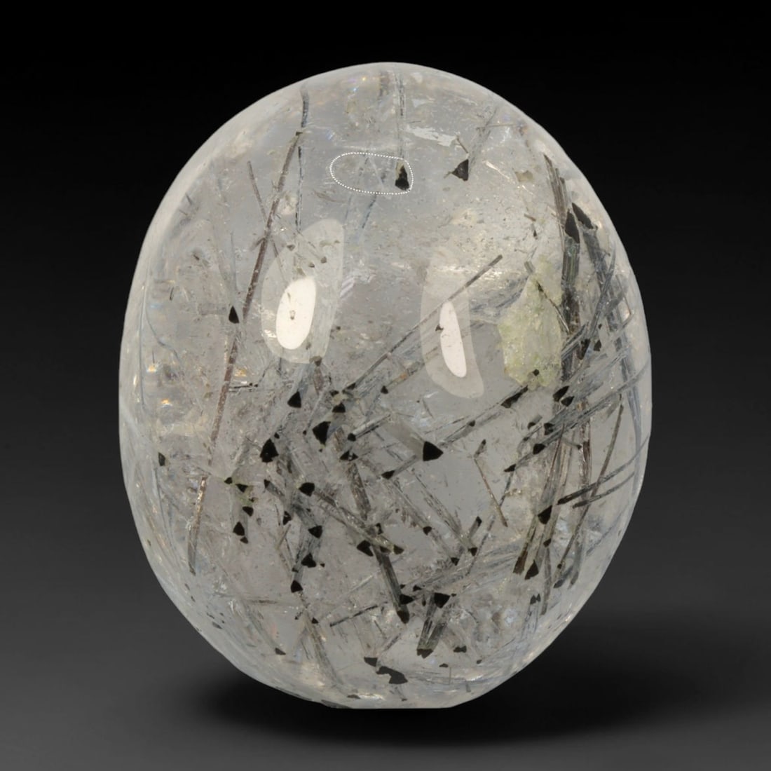 32ct Natural Brazilian Black Rutile Quartz Cabochon Loose Gemstone, 80BM, 80BM: This polished cabochon of natural rutile quartz features countless distinct slender black rutile needle inclusions suspended within the clear quartz host crystal. The smooth domed surface enables full