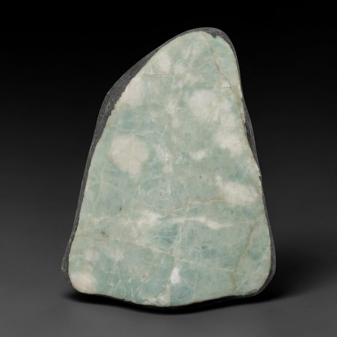 385ct Natural Type A Burmese Jadeite Jade Sliced Rough, 34AZ, 34AZ: This specimen is a sliced rough block of natural Type A Burmese jadeite jade. The interior displays natural colour zoning with visible mineral veining and crystalline patterns typical of unprocessed j