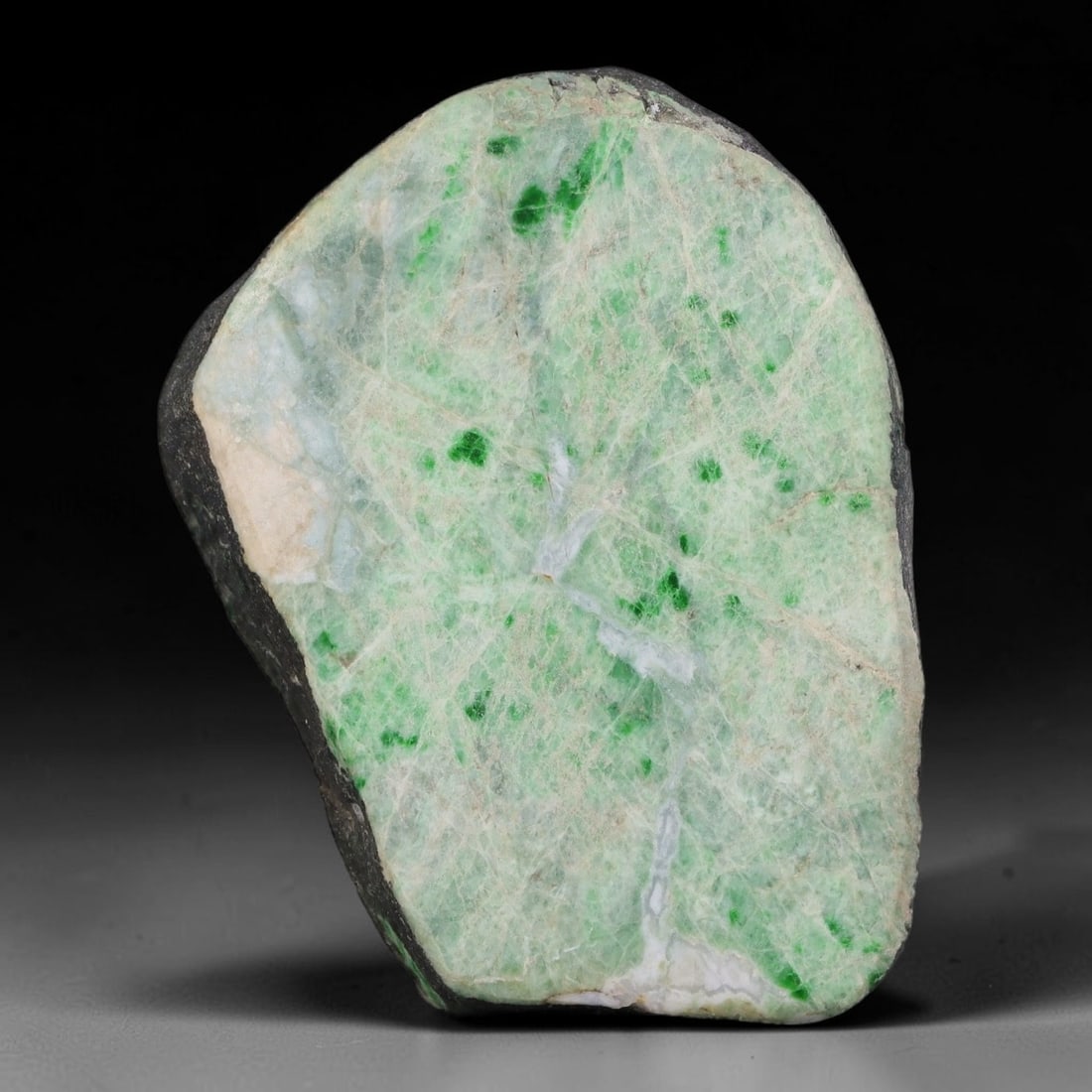 380ct Natural Type A Burmese Jadeite Jade Sliced Rough, 55AZ, 55AZ: This specimen is a sliced rough block of natural Type A Burmese jadeite jade. The interior displays natural colour zoning with visible mineral veining and crystalline patterns typical of unprocessed j
