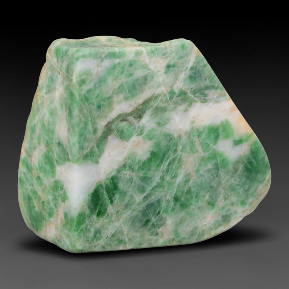 203ct Natural Type A Burmese Jadeite Jade Sliced Rough, 22FB, 22FB: This specimen is a sliced rough block of natural Type A Burmese jadeite jade. The interior displays natural colour zoning with visible mineral veining and crystalline patterns typical of unprocessed j
