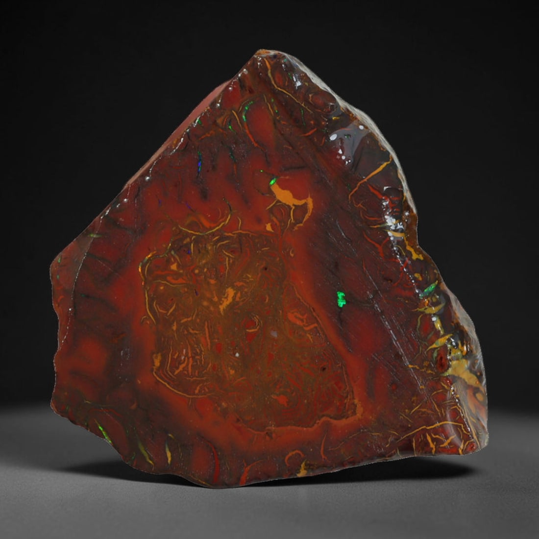 21.86ct Natural Australian Queensland Boulder Opal Sliced Slab Cutting Rough, 93AV, 93AV: Natural sliced slab rough of Queensland boulder opal cutting grade, featuring rich color ironstone matrix with patterns. The face clearly reveals extensive opal veining and pocket formations running t