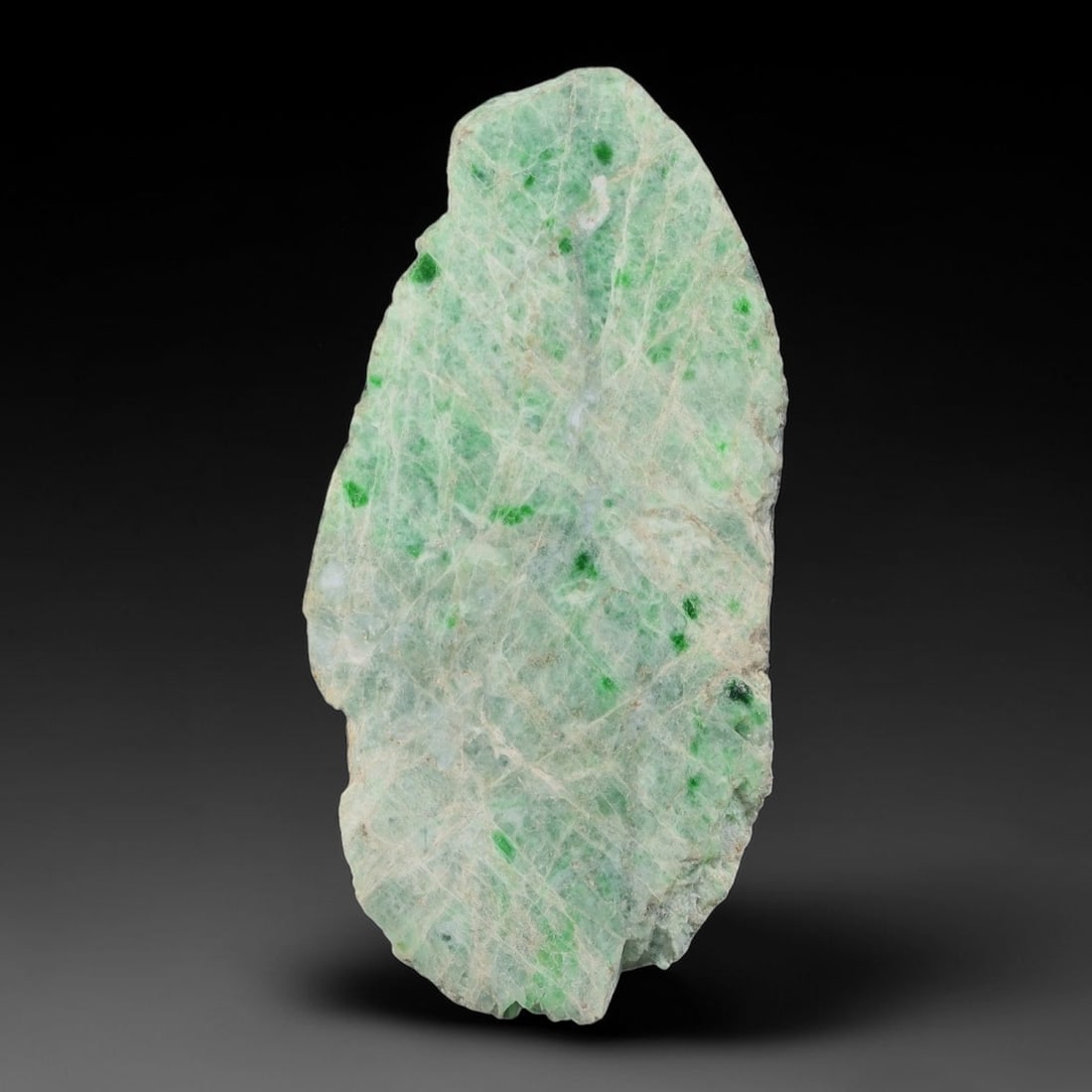 265ct Natural Type A Burmese Jadeite Jade Sliced Rough, 59AZ, 59AZ: This specimen is a sliced rough block of natural Type A Burmese jadeite jade. The interior displays natural colour zoning with visible mineral veining and crystalline patterns typical of unprocessed j