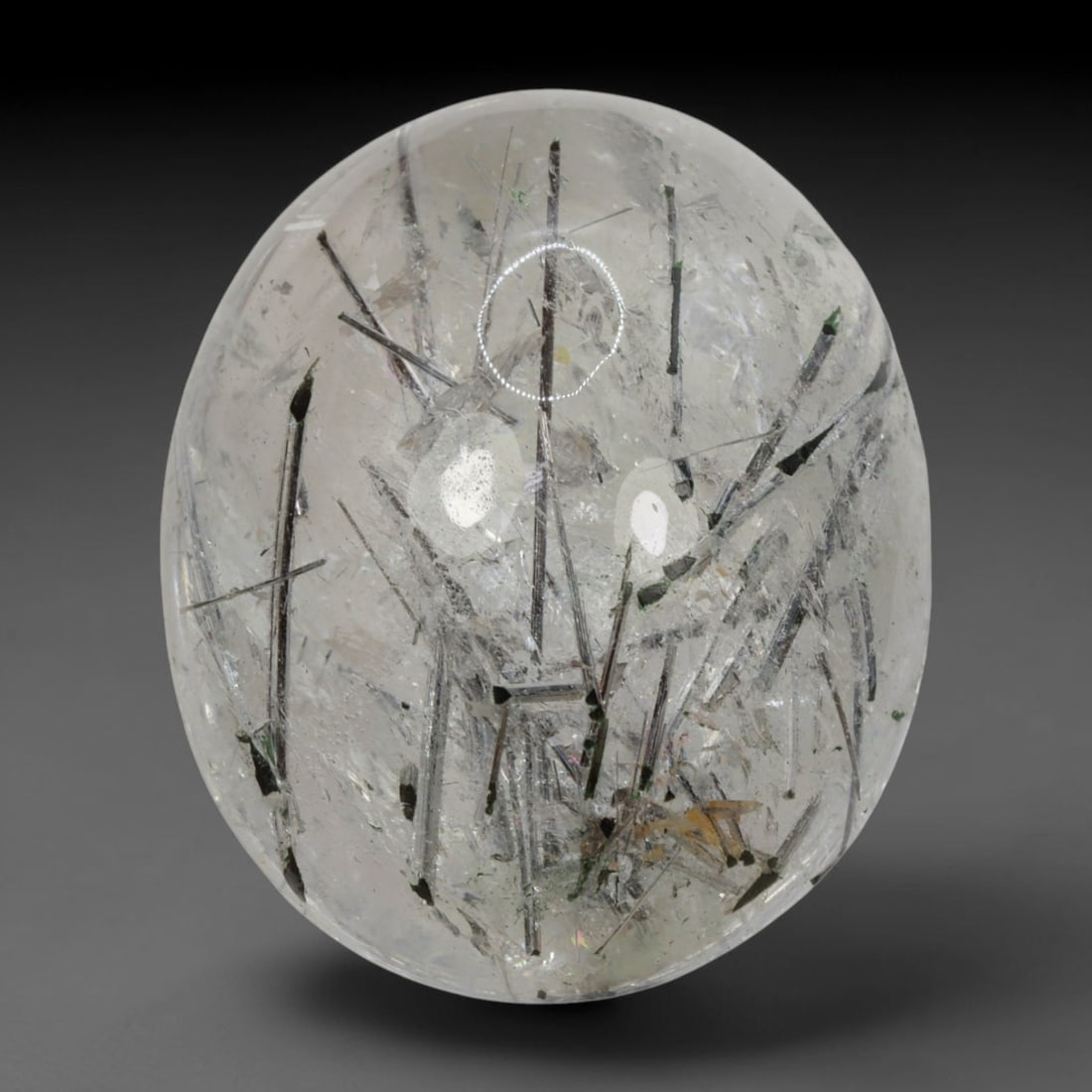 35ct Natural Brazilian Black Rutile Quartz Cabochon Loose Gemstone, 52BM, 52BM: This polished cabochon of natural rutile quartz features countless distinct slender black rutile needle inclusions suspended within the clear quartz host crystal. The smooth domed surface enables full