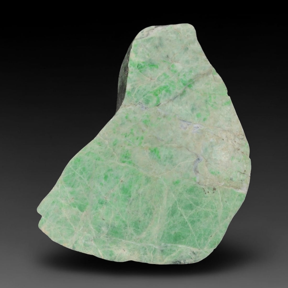 320ct Natural Type A Burmese Jadeite Jade Sliced Rough, 100AY, 100AY: This specimen is a sliced rough block of natural Type A Burmese jadeite jade. The interior displays natural colour zoning with visible mineral veining and crystalline patterns typical of unprocessed j