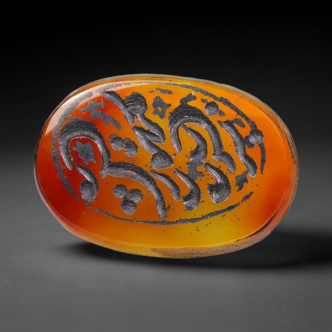 Vintage Mid-Century Carnelian Agate Islamic Calligraphic Intaglio Seal Cabochon Talisman, 33BW: This vintage mid-century natural carnelian agate intaglio seal cabochon draws inspiration from historic Islamic lapidary traditions, crafted as a wearable talisman and seal blank for jewelry setting. 