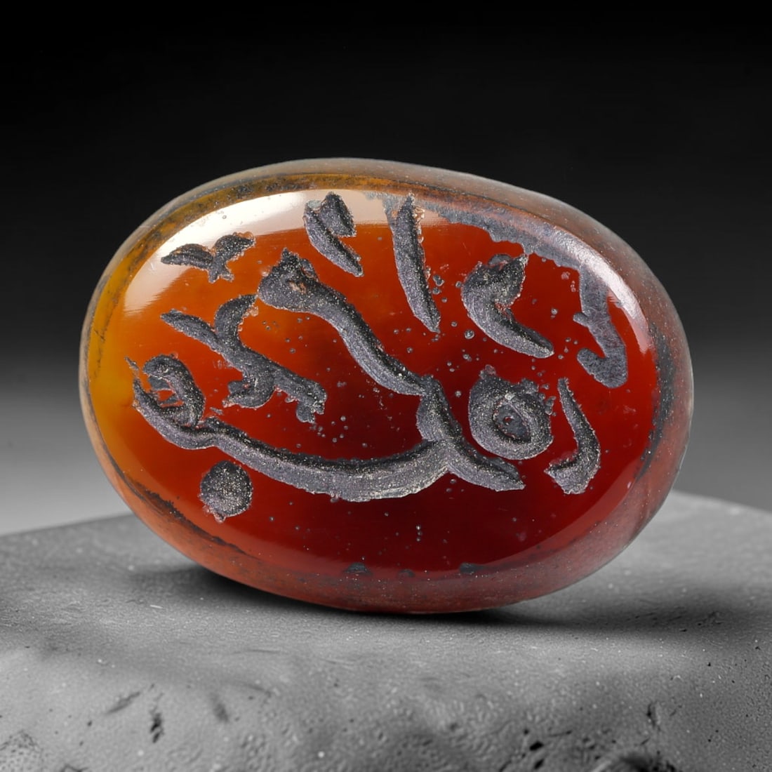 Vintage Mid-Century Carnelian Agate Islamic Calligraphic Intaglio Seal Cabochon Talisman, 54BW: This vintage mid-century natural carnelian agate intaglio seal cabochon draws inspiration from historic Islamic lapidary traditions, crafted as a wearable talisman and seal blank for jewelry setting. 