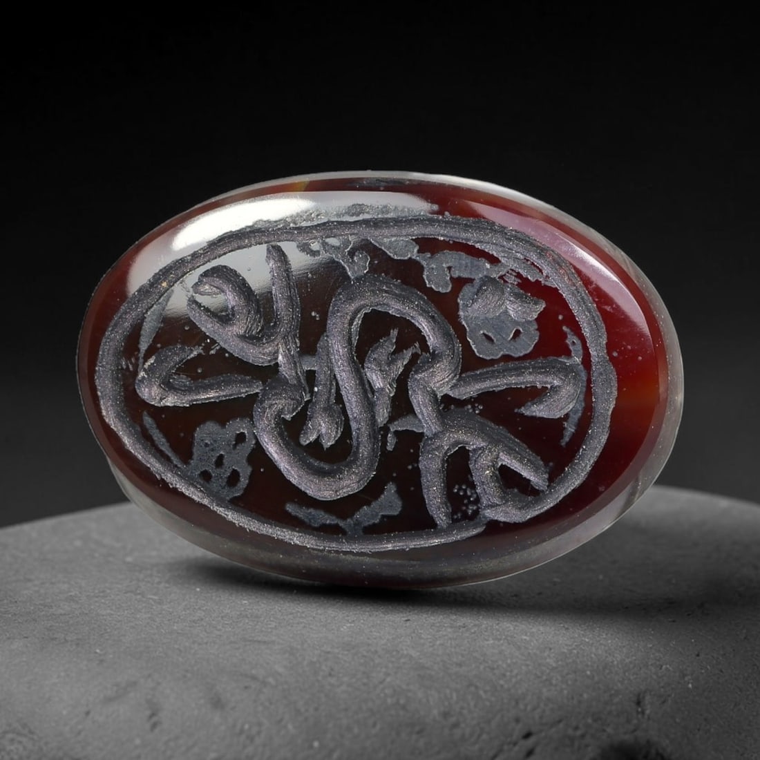 Vintage Mid-Century Carnelian Agate Islamic Calligraphic Intaglio Seal Cabochon Talisman, 56BW: This vintage mid-century natural carnelian agate intaglio seal cabochon draws inspiration from historic Islamic lapidary traditions, crafted as a wearable talisman and seal blank for jewelry setting. 