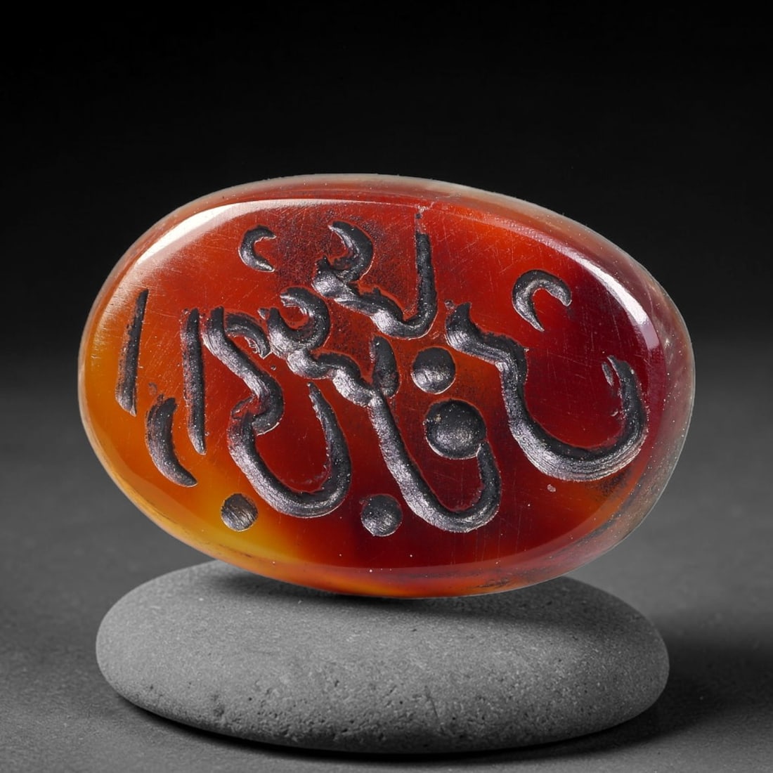 Vintage Mid-Century Carnelian Agate Islamic Calligraphic Intaglio Seal Cabochon Talisman, 39BW: This vintage mid-century natural carnelian agate intaglio seal cabochon draws inspiration from historic Islamic lapidary traditions, crafted as a wearable talisman and seal blank for jewelry setting. 