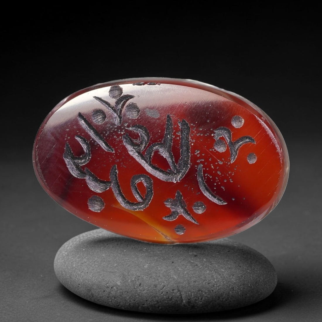 Vintage Mid-Century Carnelian Agate Islamic Calligraphic Intaglio Seal Cabochon Talisman, 52BW: This vintage mid-century natural carnelian agate intaglio seal cabochon draws inspiration from historic Islamic lapidary traditions, crafted as a wearable talisman and seal blank for jewelry setting. 
