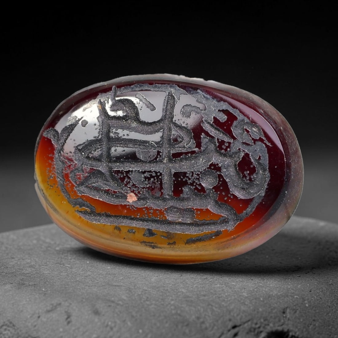 Vintage Mid-Century Carnelian Agate Islamic Calligraphic Intaglio Seal Cabochon Talisman, 58BW: This vintage mid-century natural carnelian agate intaglio seal cabochon draws inspiration from historic Islamic lapidary traditions, crafted as a wearable talisman and seal blank for jewelry setting. 